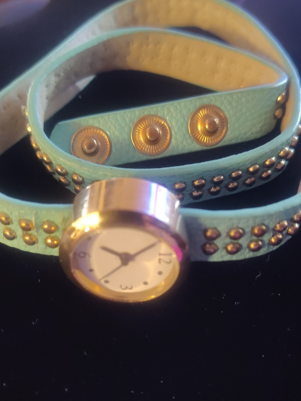Gold Dial Mint Wrap Watch with Studded Strap